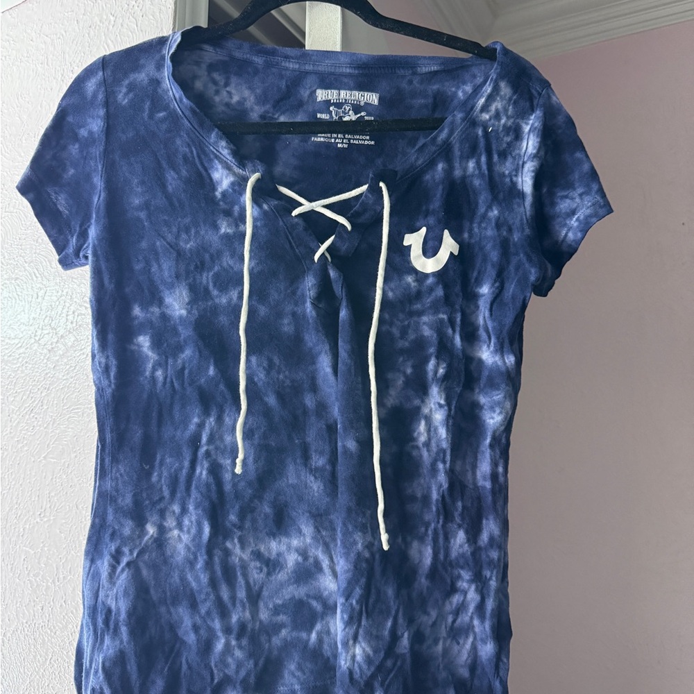 True Religion Women's Navy Tie-Dye Lace-Up Tee